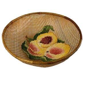 Vintage PEACHES Wicker Round Fruit Bowl Decor Cross Stitch Embroidery Art 70s